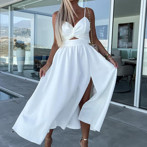 2023 Backless Slim Loungewear Split Dress Women Summer Deep V-Neck Sleeveless Zipper Solid Party Dress Streetwear Dropshipping