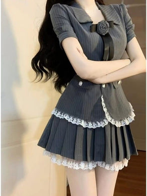 Striped Elegant 2 Piece Dress Set Women Short Sleeve Vintage Y2k Crop Top Blouse + Mini Skirt 2023 Summer Korean Fashion Suits